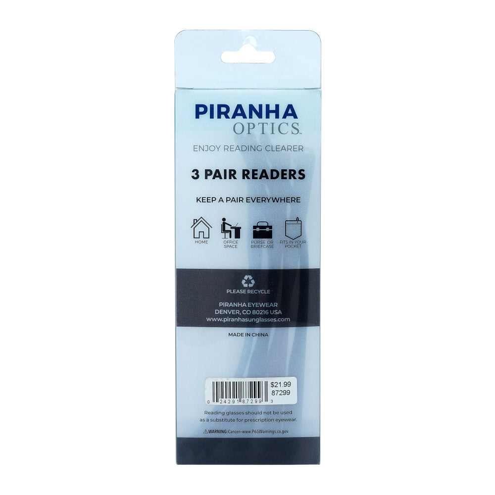 Piranha Unisex Tri-Pack Readers, Black/Red/Blue, +3.25, 3 Readers Per Pack, Case Of 60 Packs