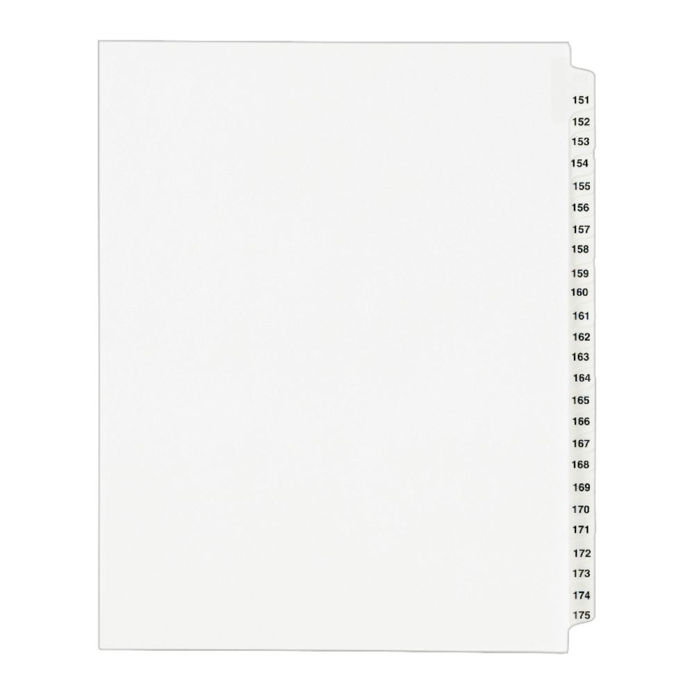 Avery 20% Recycled Preprinted Laminated Gold-Reinforced Tab Dividers, 8 1/2in x 11in, White Dividers/White Tabs, 151-175, Pack Of 25