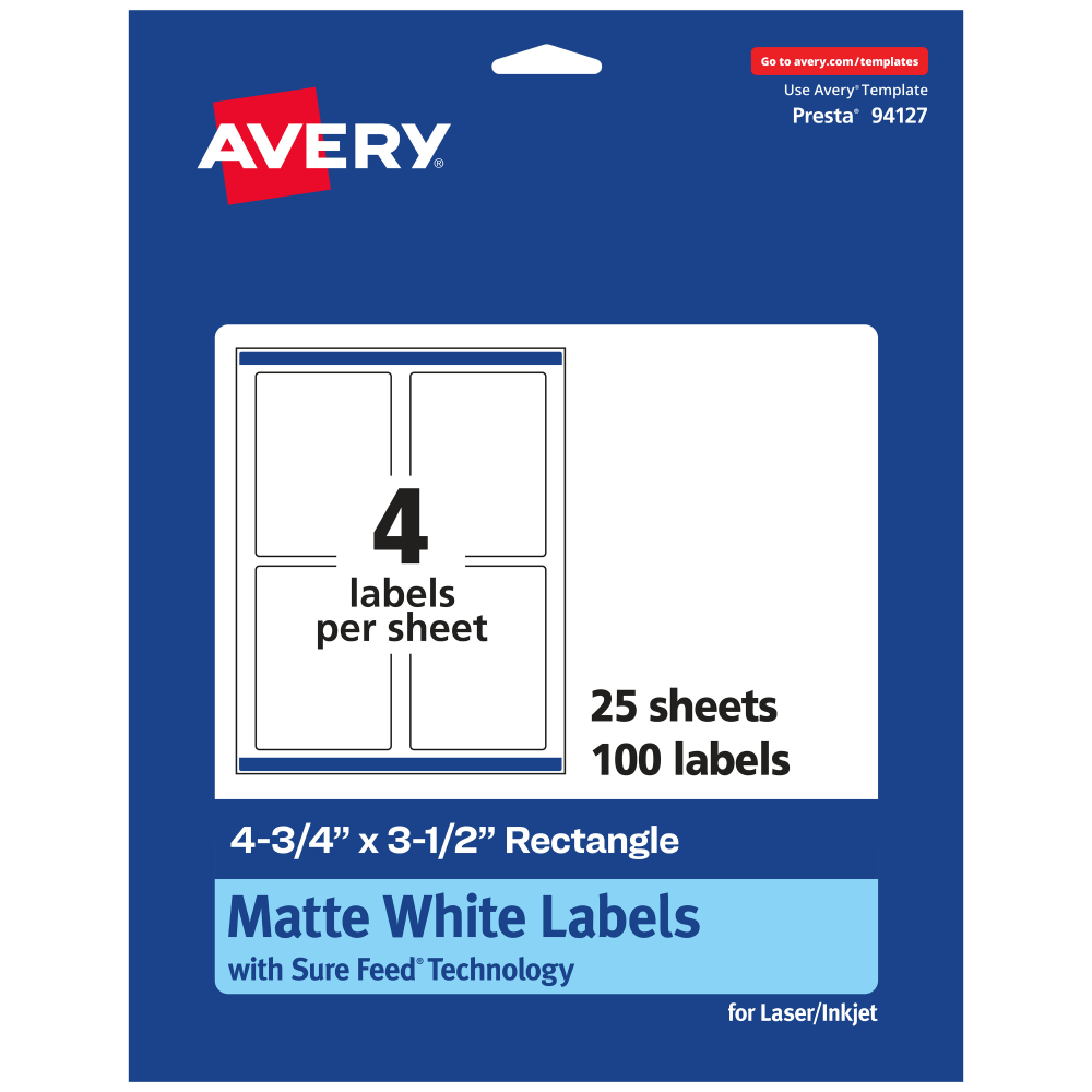 Avery Permanent Labels With Sure Feed, 94127-WMP25, Rectangle, 4-3/4in x 3-1/2in, White, Pack Of 100