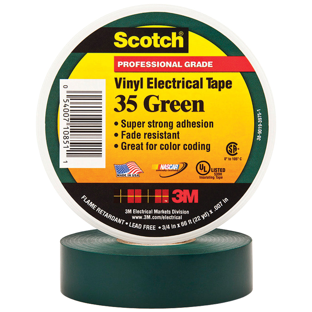 3M 35 Color-Coded Vinyl Electrical Tape, 1.5in Core, 0.75in x 66ft, Green, Pack Of 10