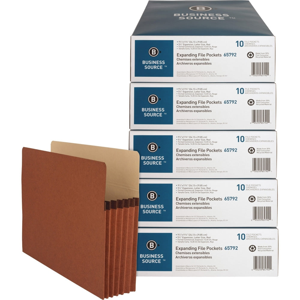 Business Source File Pocket, Letter Size, 8 1/2in x 11in, 1200 Sheet Capacity, 5 1/4in Expansion, Redrope Brown, Carton Of 50