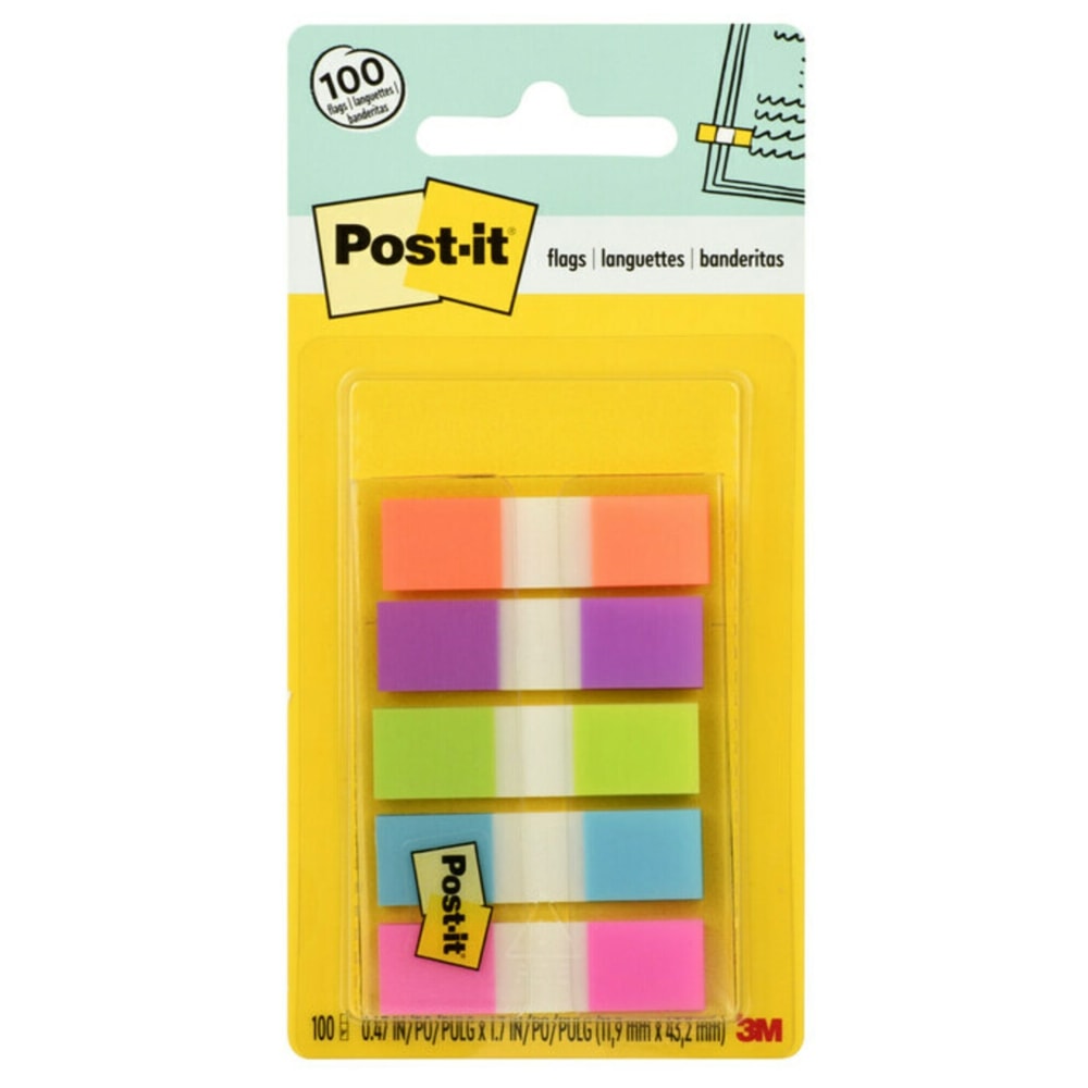 Post-it Notes Flags, 1/2in x 1-7/10in, Assorted Bright Colors, 20 Flags Per Pad, Pack Of 5 Pads