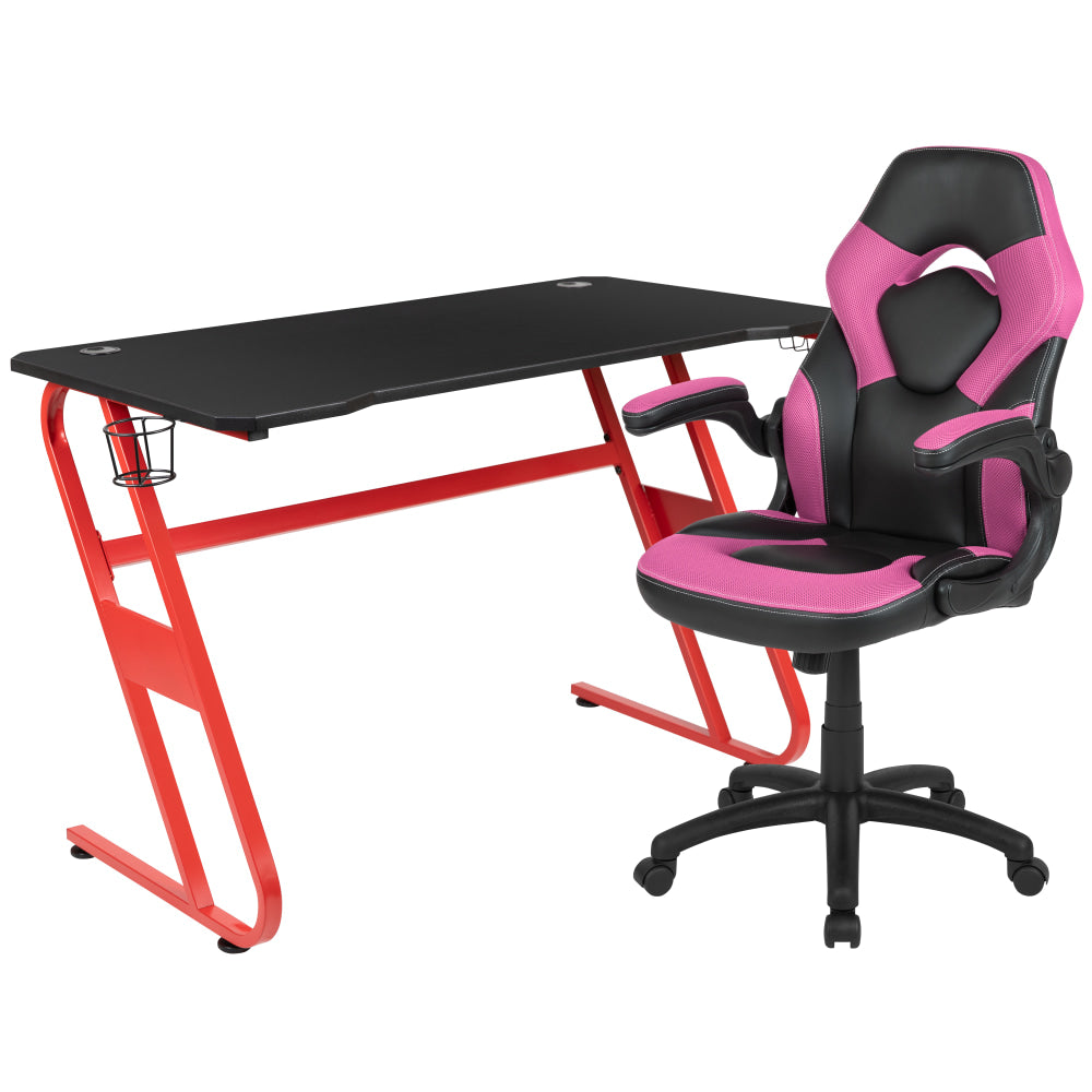 Flash Furniture Gaming Desk And Racing Chair Set With Cup Holder And Headphone Hook, Pink