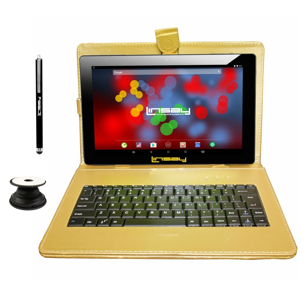 Linsay F10IPS Tablet, 10.1in Screen, 2GB Memory, 64GB Storage, Android 13, Golden Keyboard