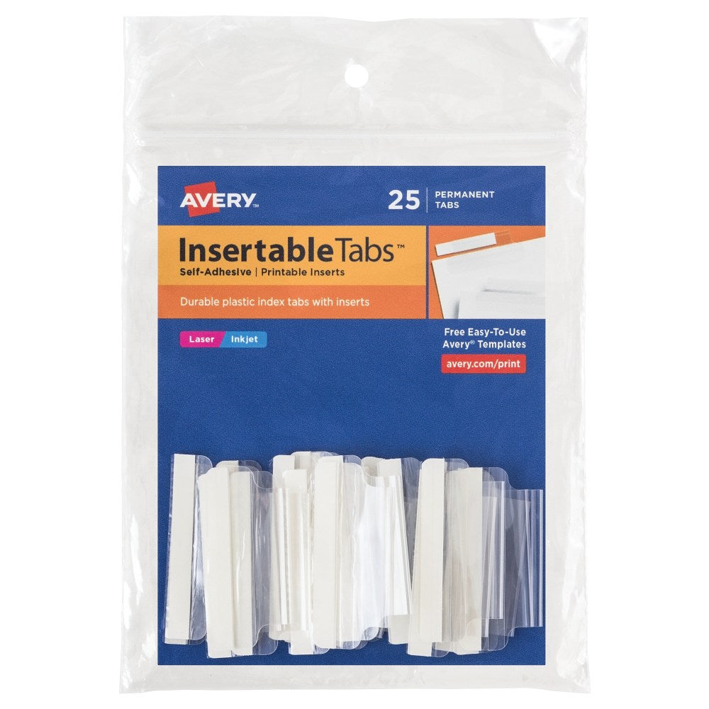 Avery Insertable Self-Adhesive Index Tabs With Printable Inserts, 1.5in, Clear, Pack Of 25