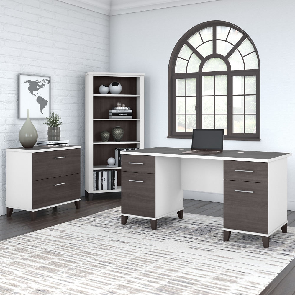 Bush Business Furniture Somerset 60inW Office Computer Desk With Lateral File Cabinet And 5-Shelf Bookcase, Storm Gray/White, Standard Delivery