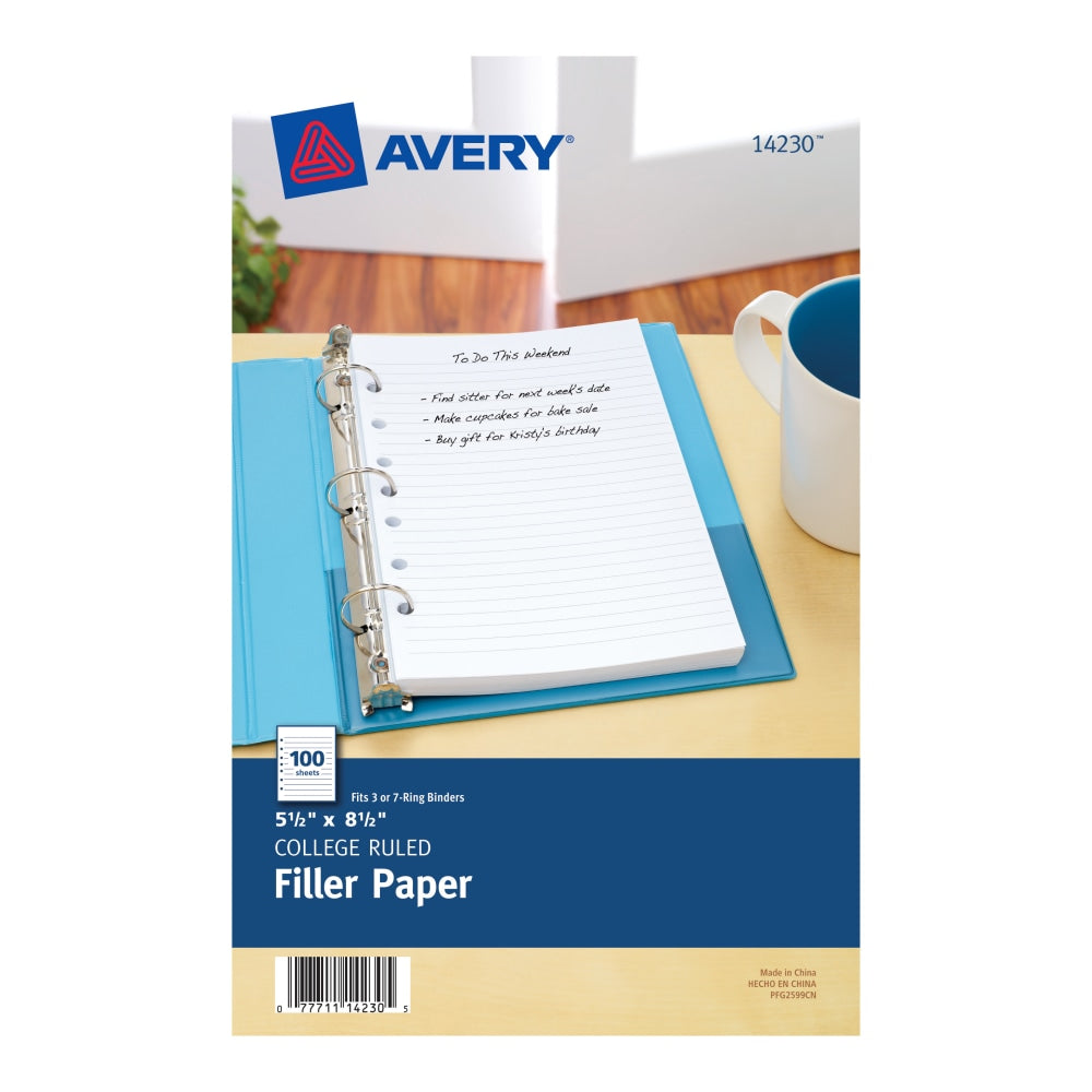 Avery Mini Binder Filler Paper, Fits 3-Ring/7-Ring Binders, 5-1/2in x 8-1/2in, College Ruled, Pack of 100 Sheets