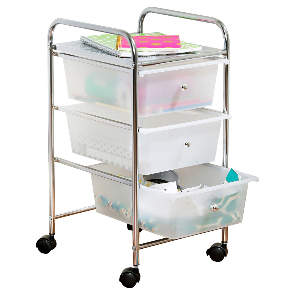 Honey-Can-Do Plastic/Steel 3-Drawer Rolling Storage Cart, 37 7/16in x 15 5/16in x 13in, White/Chrome