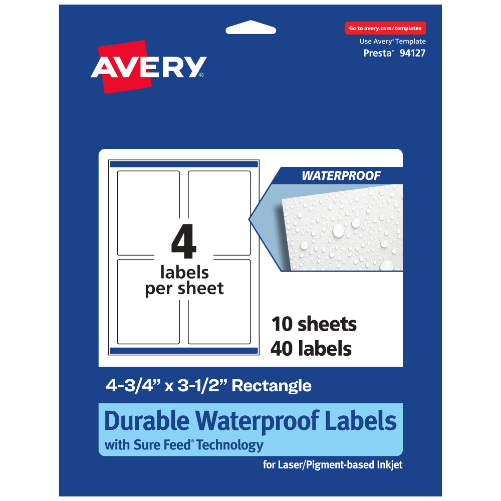 Avery Waterproof Permanent Labels With Sure Feed, 94127-WMF10, Rectangle, 4-3/4in x 3-1/2in, White, Pack Of 40