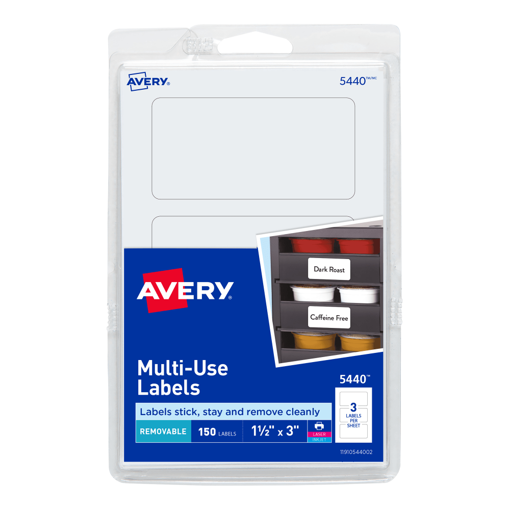 Avery Removable Labels, 5440, Rectangle, 1-1/2in x 3in, White, Pack Of 150