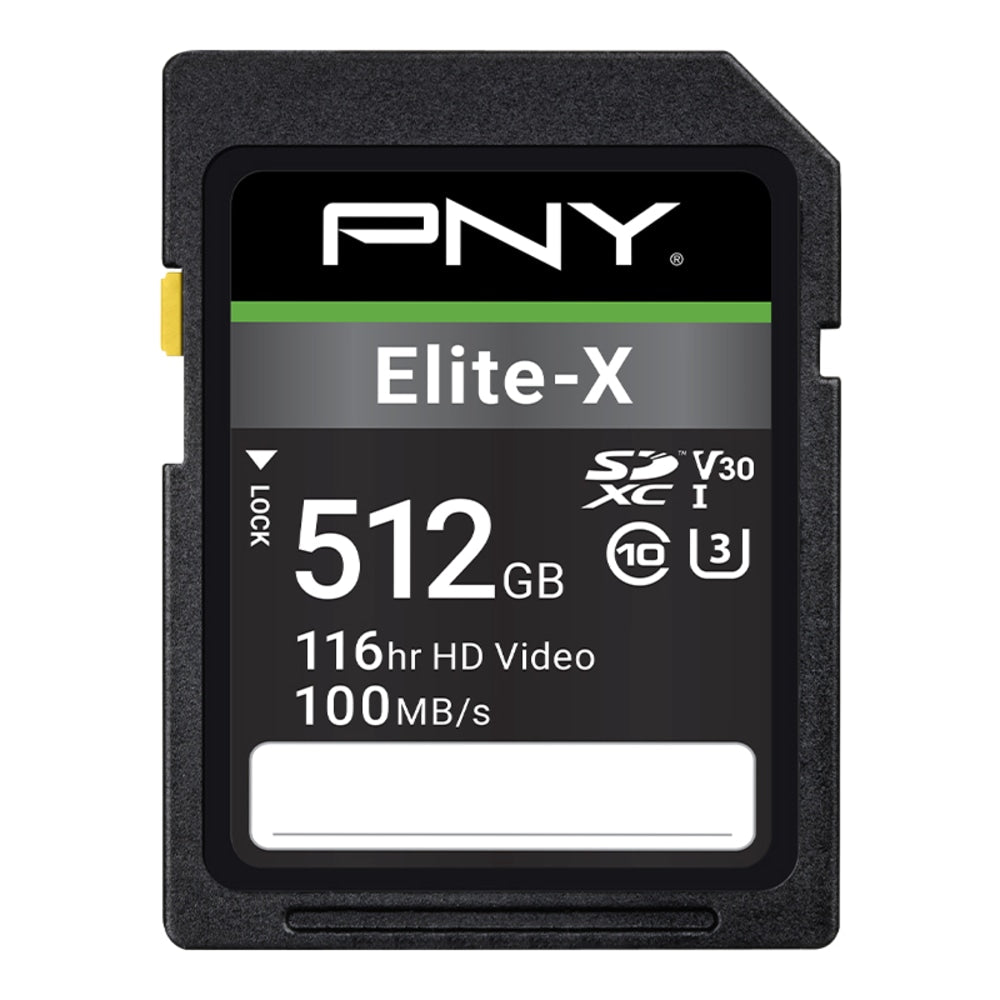 PNY Elite-X Class 10 U3 V30 SDXC Memory Card, 512GB, P-SD512U3100EX-GE