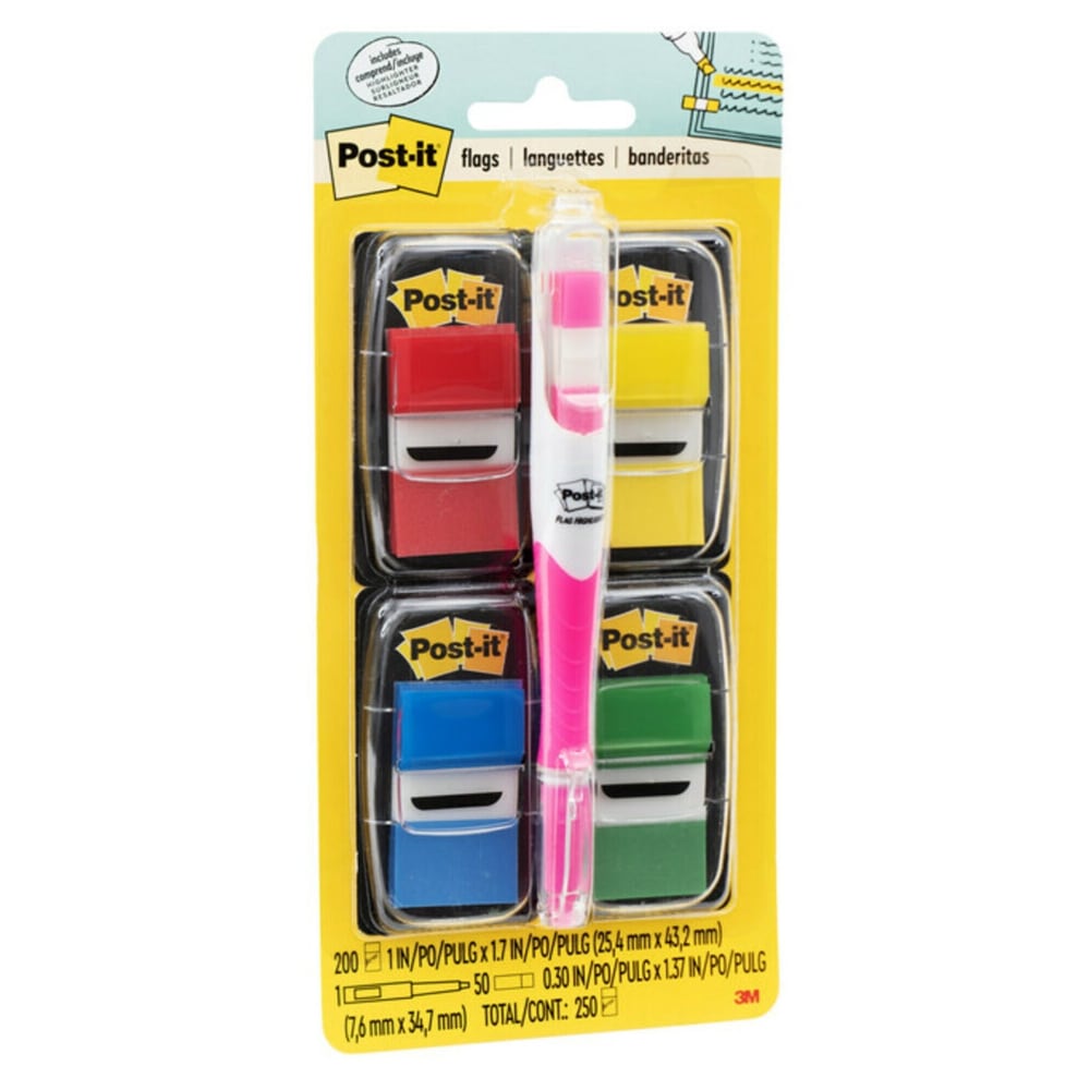 Post-it Notes Flags, With Flag Gel Pen, Assorted Primary Colors, 50 Flags Per Pad, Pack Of 4 Pads