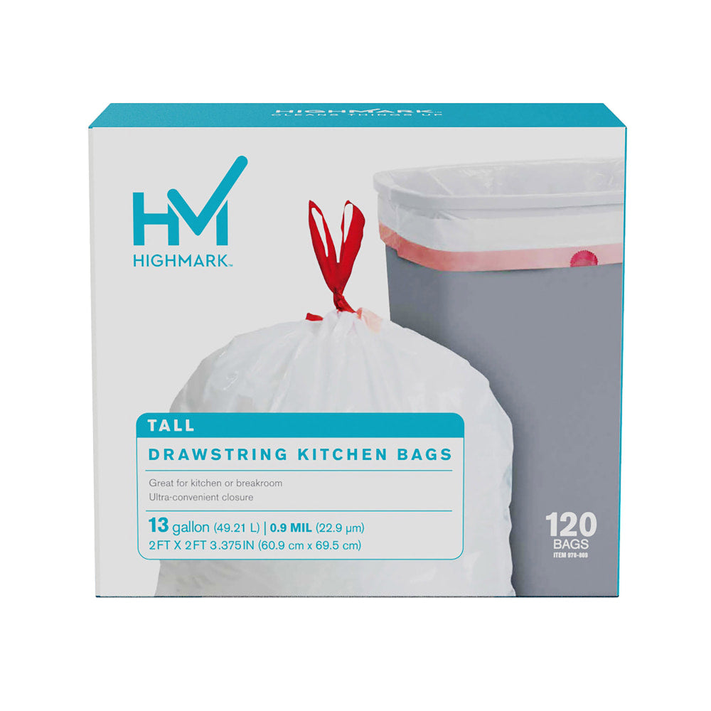 Highmark Tall 0.9 mil Drawstring Kitchen Trash Bags, 13 Gallon, 27.375in x 24in, White, Box Of 120