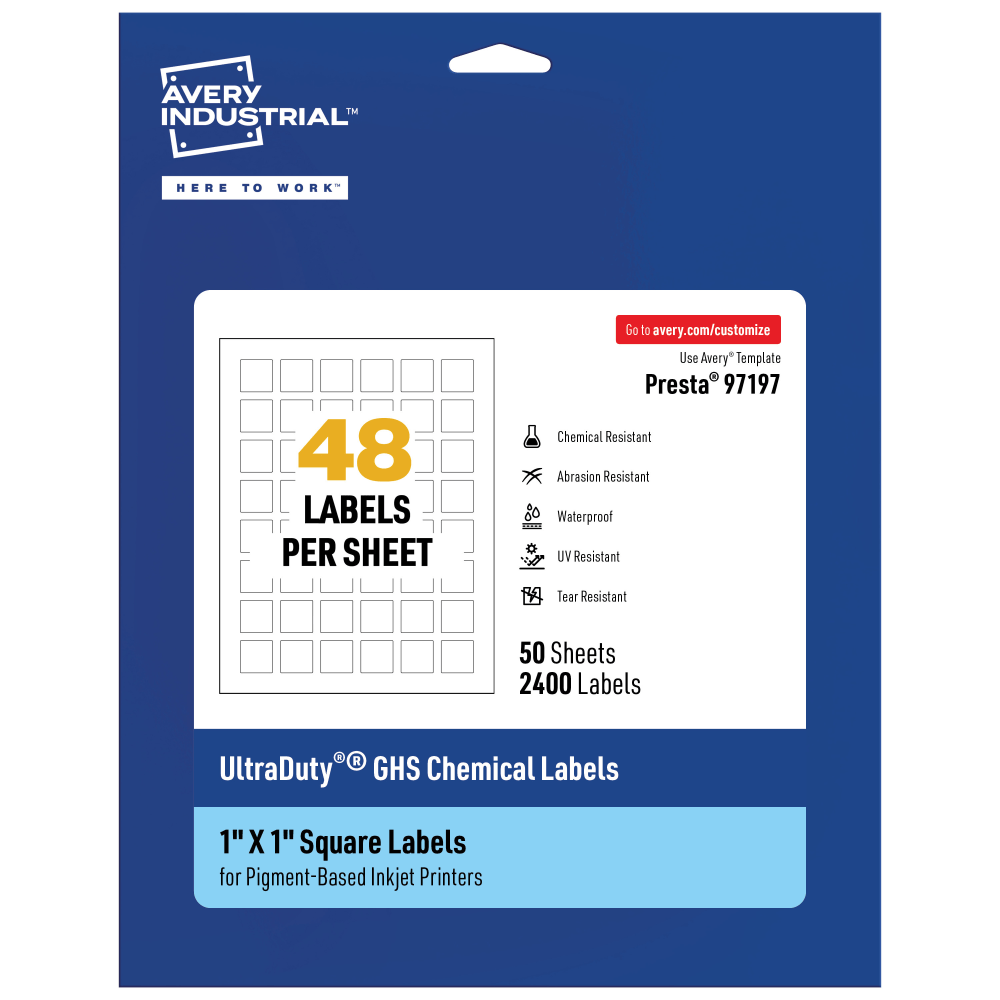 Avery Ultra Duty Permanent GHS Chemical Labels, 97197-WMUI50, Square, 1in x 1in, White, Pack Of 2,400