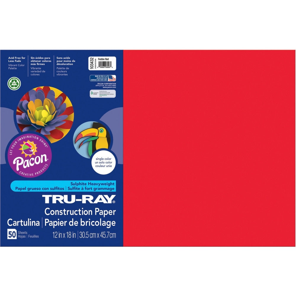 Tru-Ray Construction Paper, 50% Recycled, 12in x 18in, Festive Red, Pack Of 50