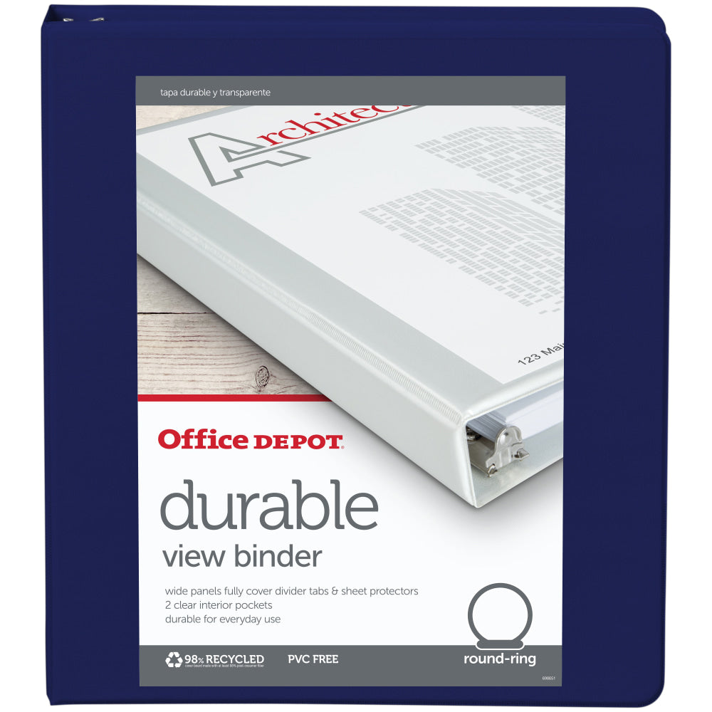 Office Depot Brand Durable View 3-Ring Binder, 1in Round Rings, Blue