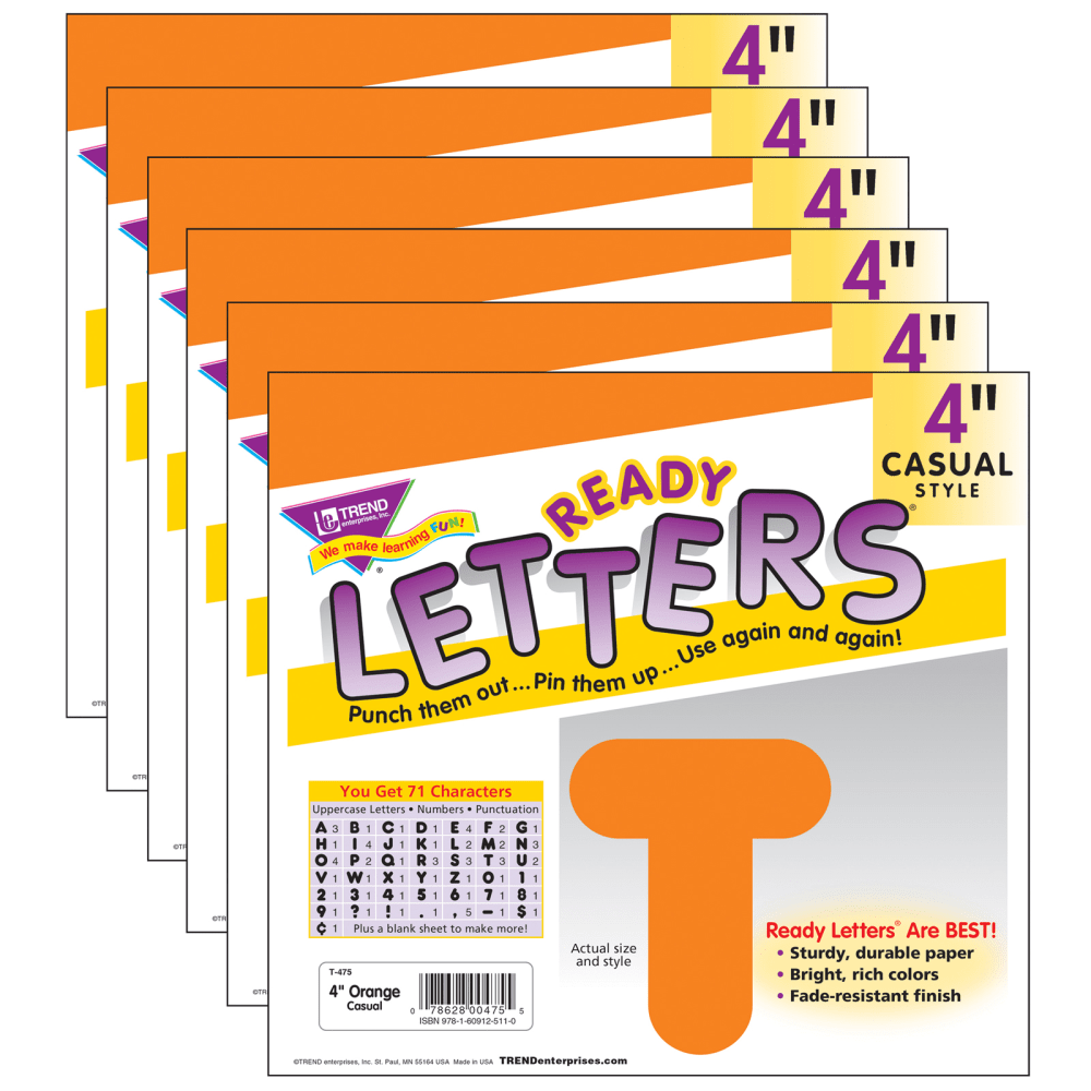 TREND Ready Letters, 4in, Casual Uppercase, Orange, Set Of 6 Packs