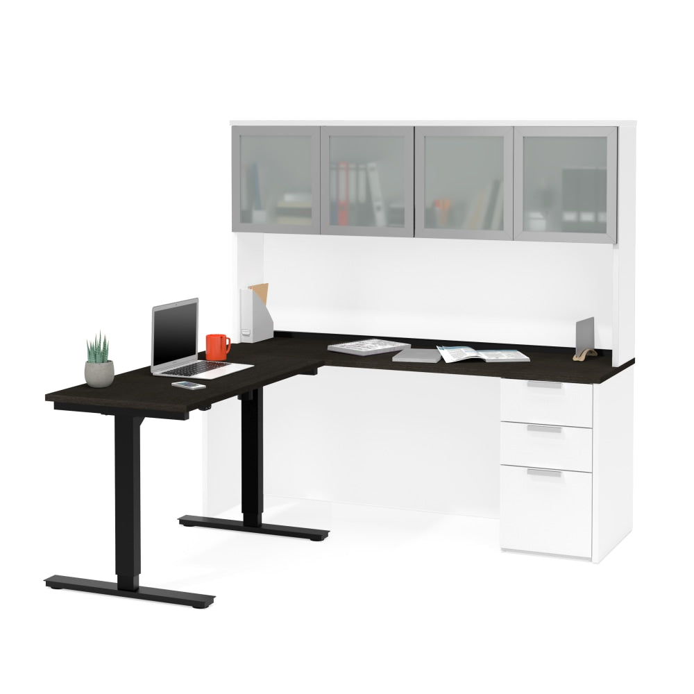 Bestar Pro-Concept Plus 72inW L-Shaped Standing Corner Desk With Hutch, White/Deep Gray