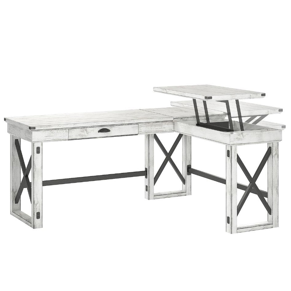 Ameriwood Home Wildwood 68inW L-Shaped Computer Desk With Lift Top, Distressed Whitewash