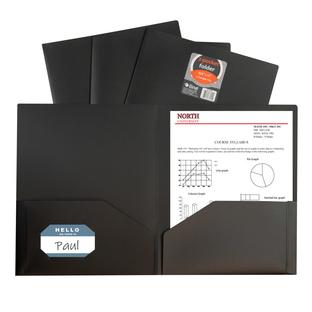 C-Line 2-Pocket Poly Portfolios, 8-1/2in x 11in, Black, Pack Of 25 Portfolios