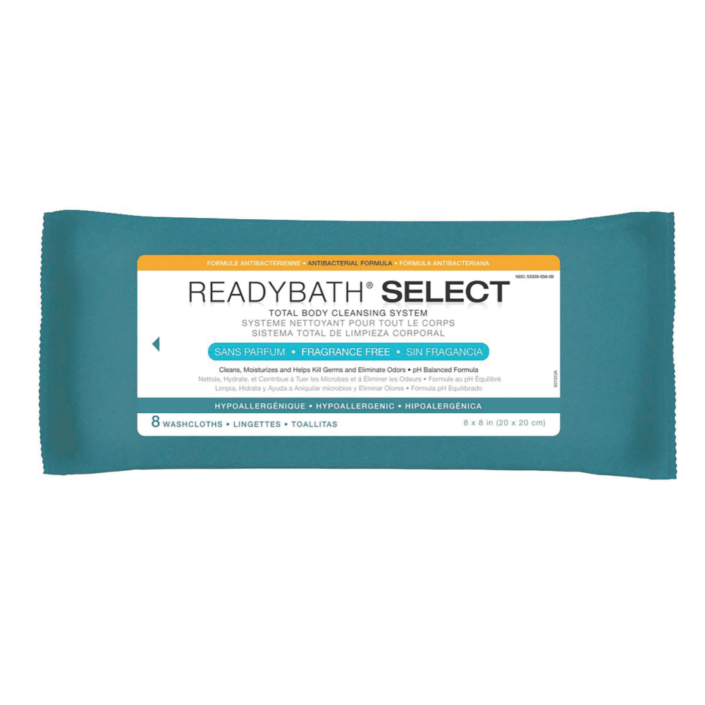 ReadyBath SELECT Medium-Weight Cleansing Washcloths, Antibacterial, Unscented, 8in x 8in, White, 8 Washcloths Per Pack, Case Of 30 packs