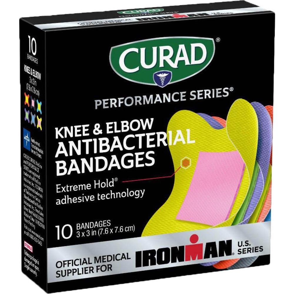 CURAD IRONMAN Performance Series Antibacterial Bandages, 3in x 3in, Pack Of 240 Bandages