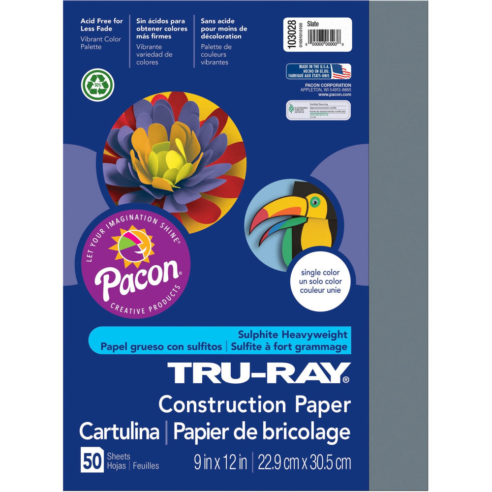 Tru-Ray Construction Paper,  9in x 12in, Slate Gray  Sulphite, Pack Of 50 Sheets