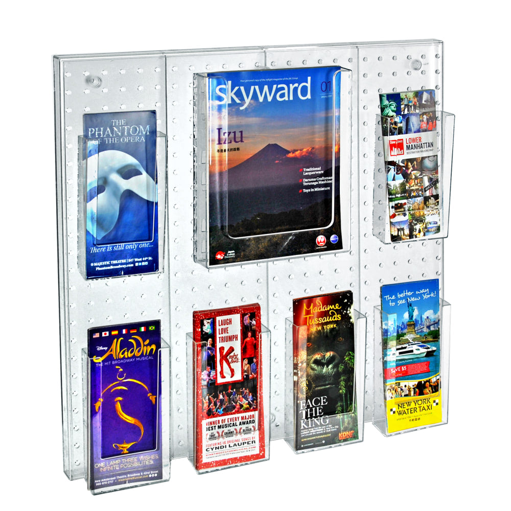 Azar Displays 7-Pocket Acrylic Multi-Tier Pegboard Wall Brochure Holder, 24inH x 24inW x 7/8inD, Clear