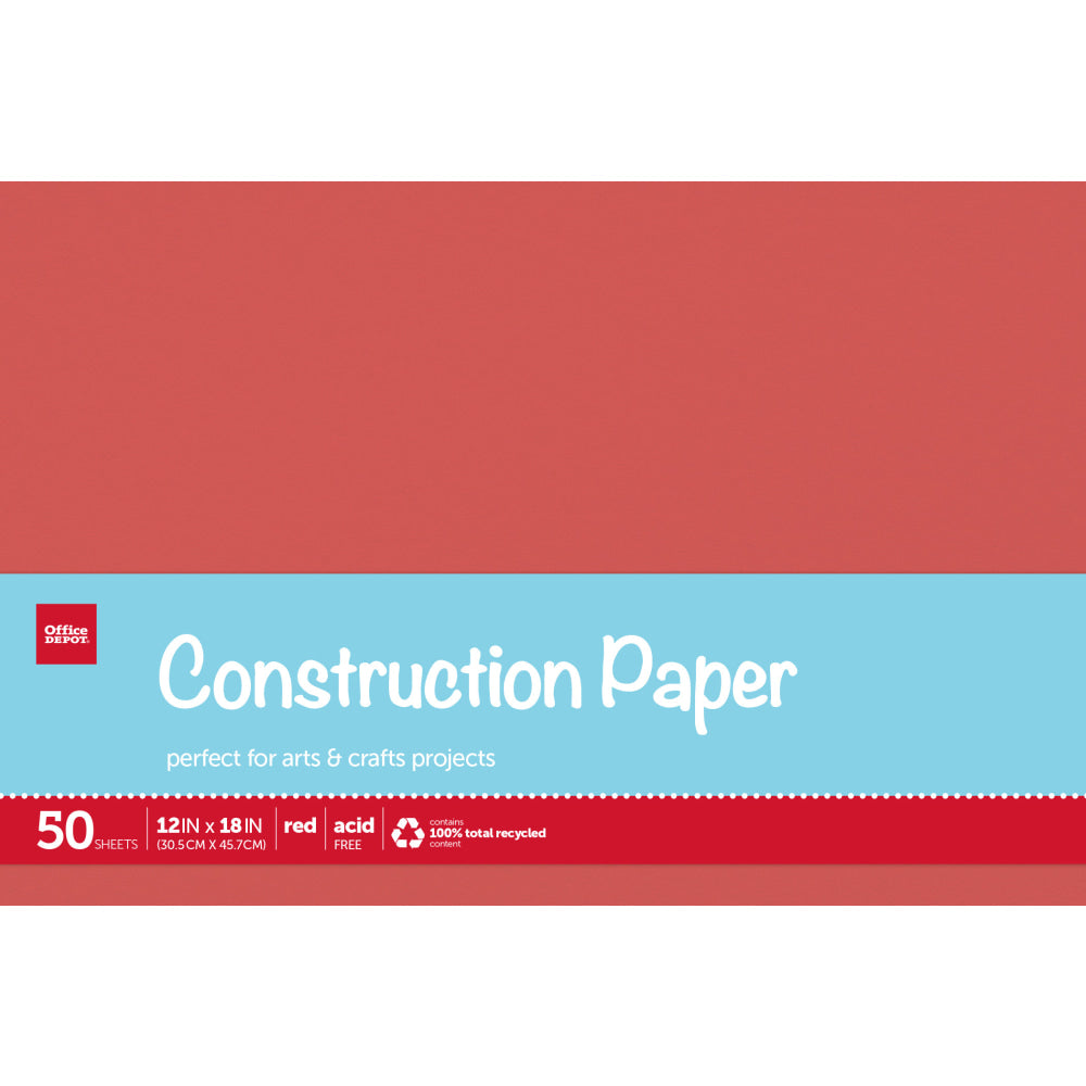 Office Depot Brand Construction Paper, 12in x 18in, 100% Recycled, Red, Pack Of 50 Sheets