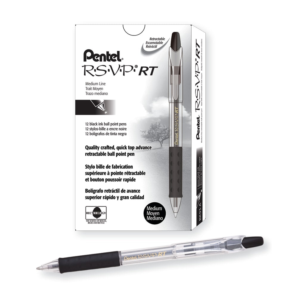 Pentel R.S.V.P. RT Retractable Ballpoint Pens, Medium Point, 1.0 mm, 61% Recycled, Transparent Black Barrel, Black Ink, Pack Of 12 Pens