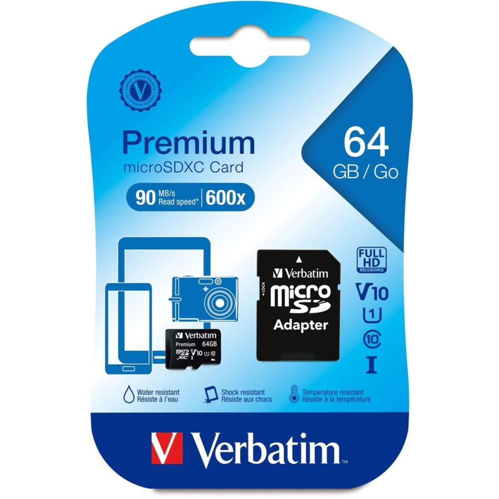 Verbatim Premium UHS-I Class 10 MicroSDXC Memory Card With Adapter, 64GB