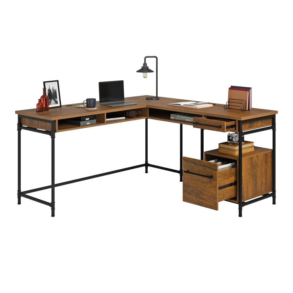 Sauder Iron City 60inW L-Shaped Computer Desk, Checked Oak/Black