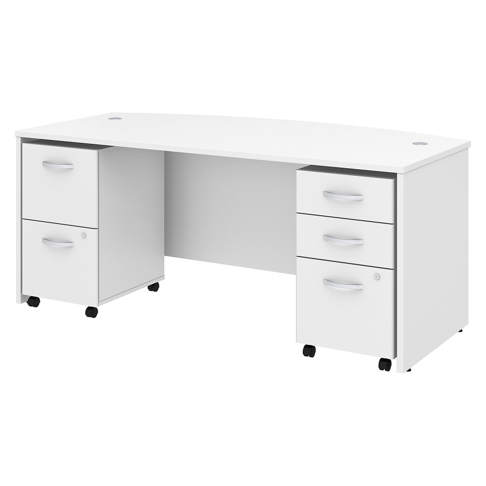 Bush Business Furniture Studio C 72inW Bow-Front Computer Desk With Mobile File Cabinets, White, Standard Delivery