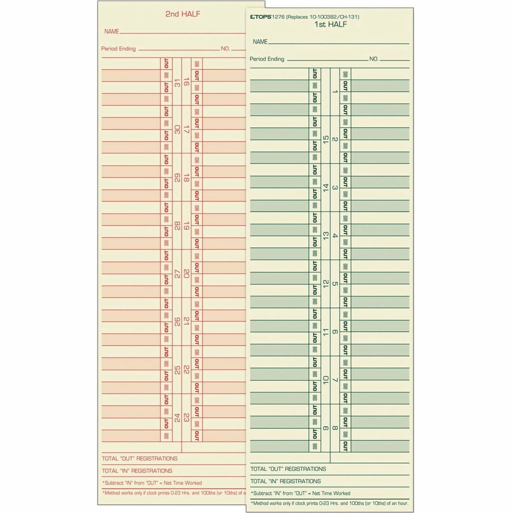 TOPS Time Cards (Replaces Original Cards 10-100372 & CH131), Numbered Days, 2-Sided, Semi-Monthly Format, 10 1/2in x 3 1/2in, Box Of 500