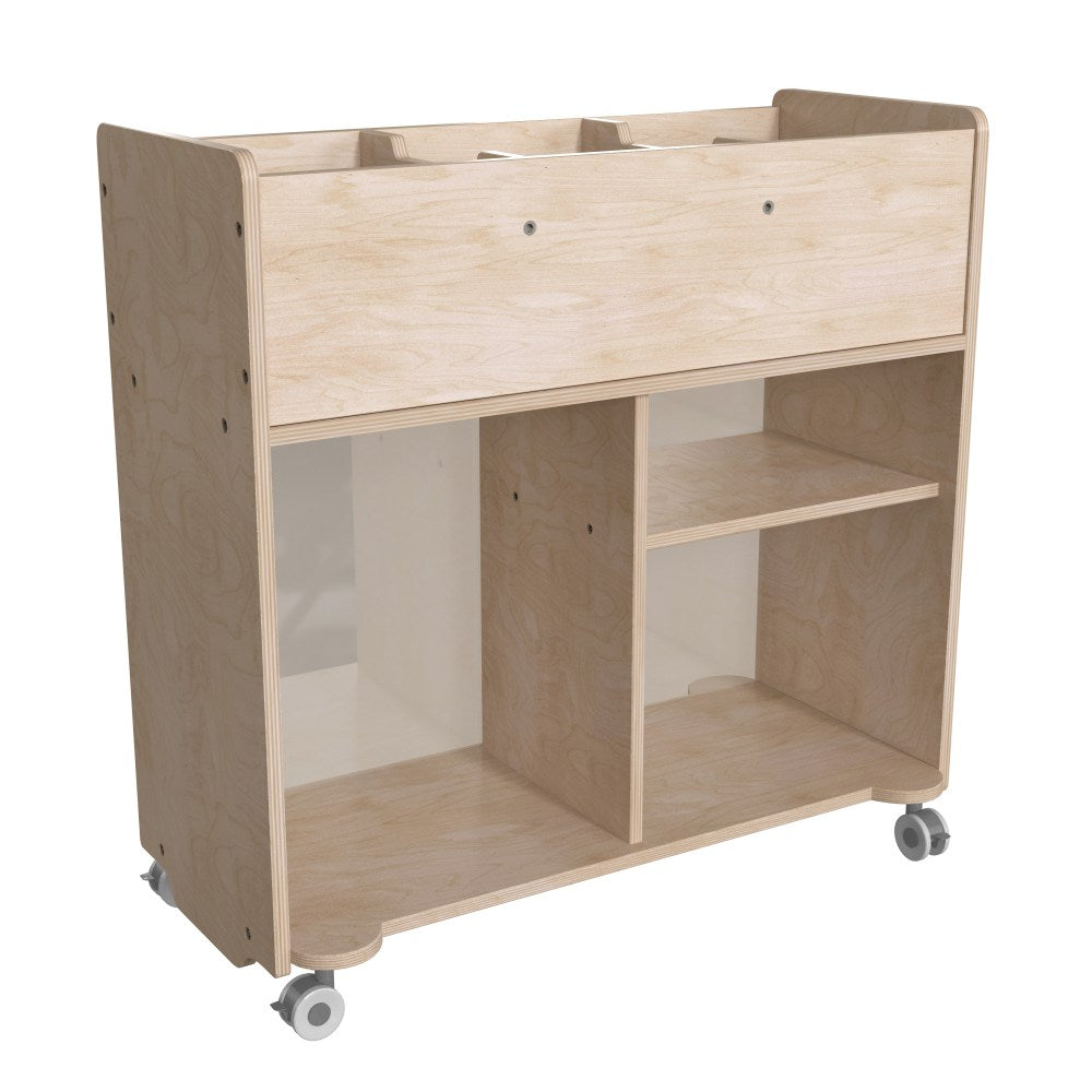 Flash Furniture Bright Beginnings Commercial Grade Double-Sided Space Saving Wooden Mobile Storage Cart With Locking Caster Wheels, 33-1/2inH x 31-1/2inW x 13inD, Beech