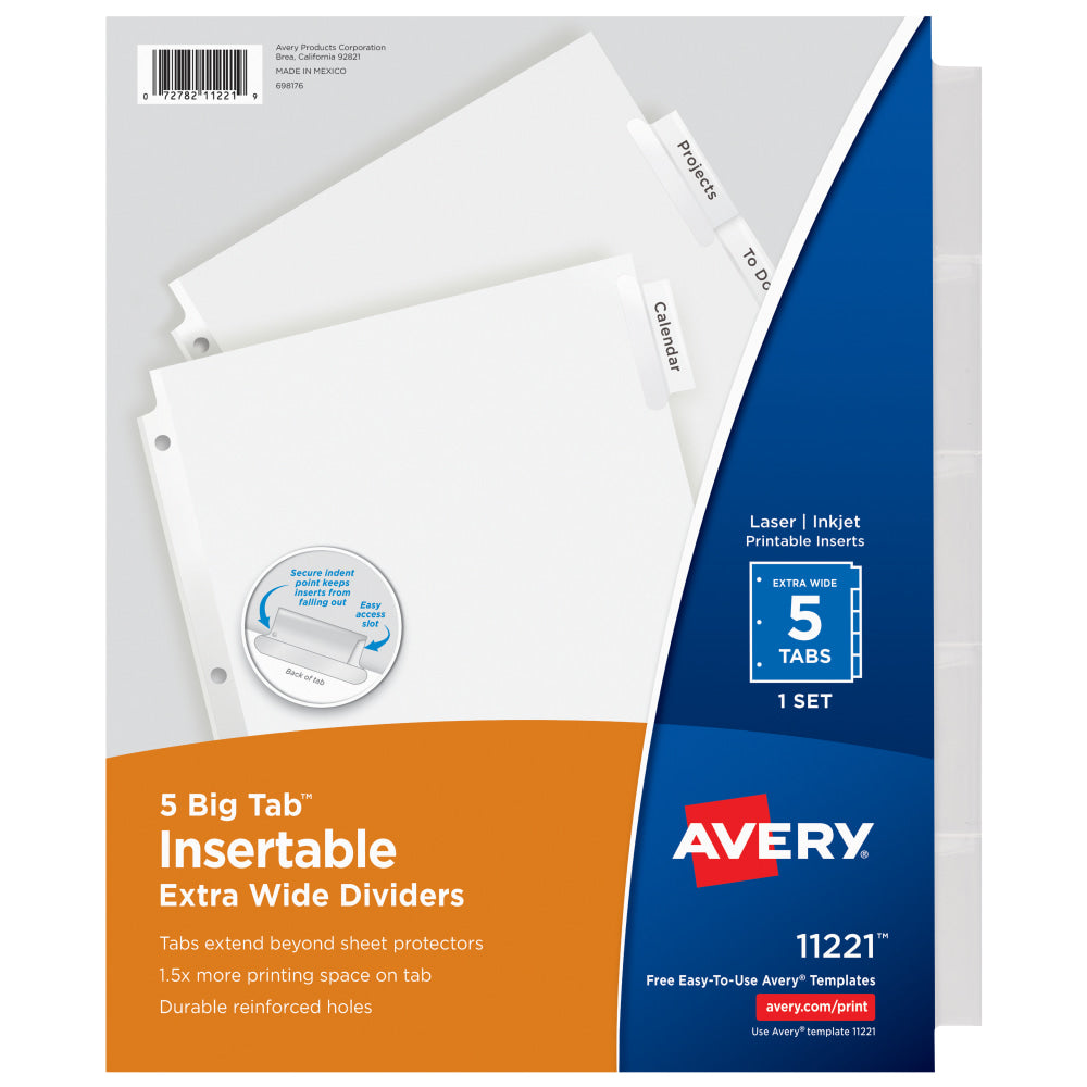 Avery Big Tab Extra-Wide Insertable Dividers, Clear Reinforced, White/Clear, 5-Tab