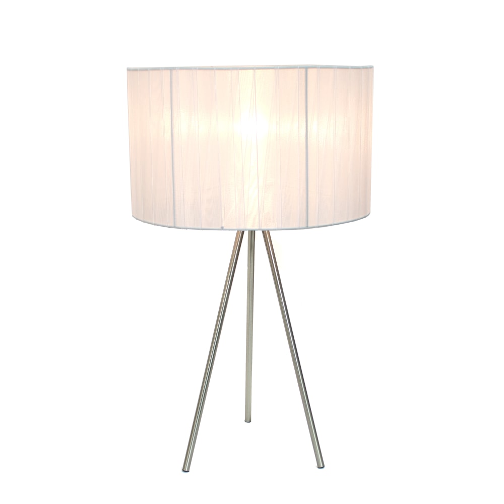 Simple Designs Tripod Table Lamp with Pleated Silk Sheer Shade, 19.69inH, Brushed Nickel/White