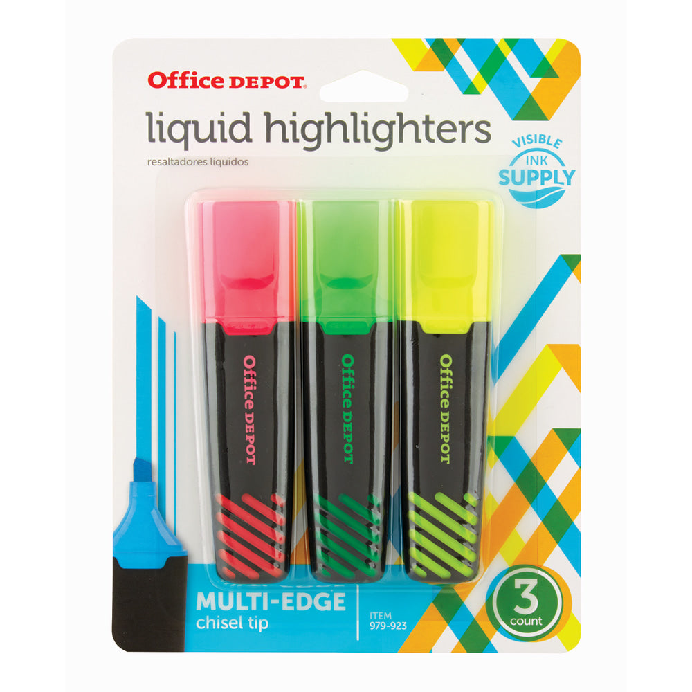 Office Depot Brand Liquid Highlighters, Chisel Point, Black/Translucent Barrel, Assorted Ink Colors, Pack Of 3