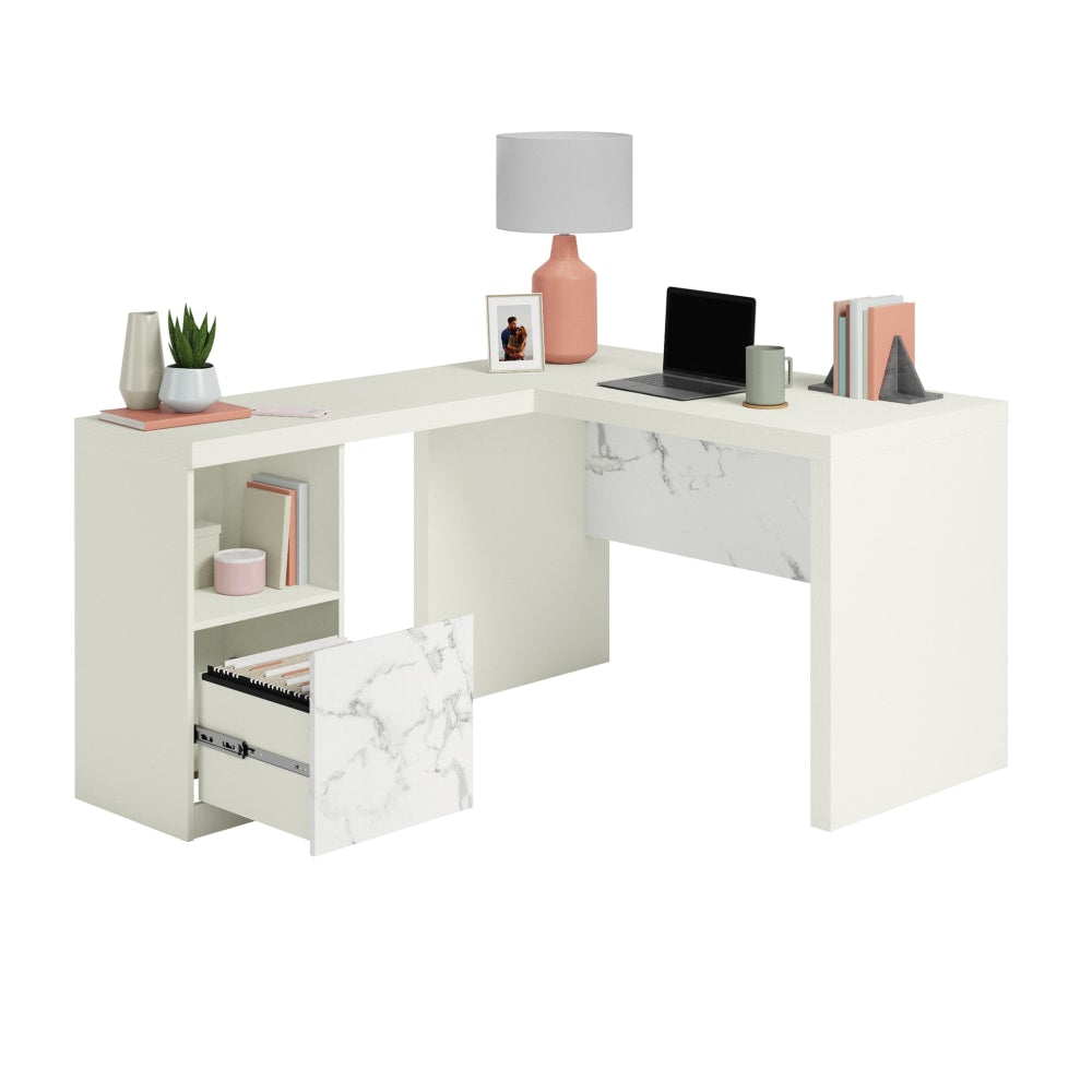 Sauder Hudson Court 59inW L-Computer Desk, Pearl Oak/Faux White Marble