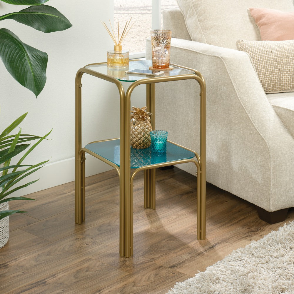 Sauder Coral Cape Glass Side Table, 24-1/8inH x 16-1/4inW x 14-1/4inD, Gold/Teal