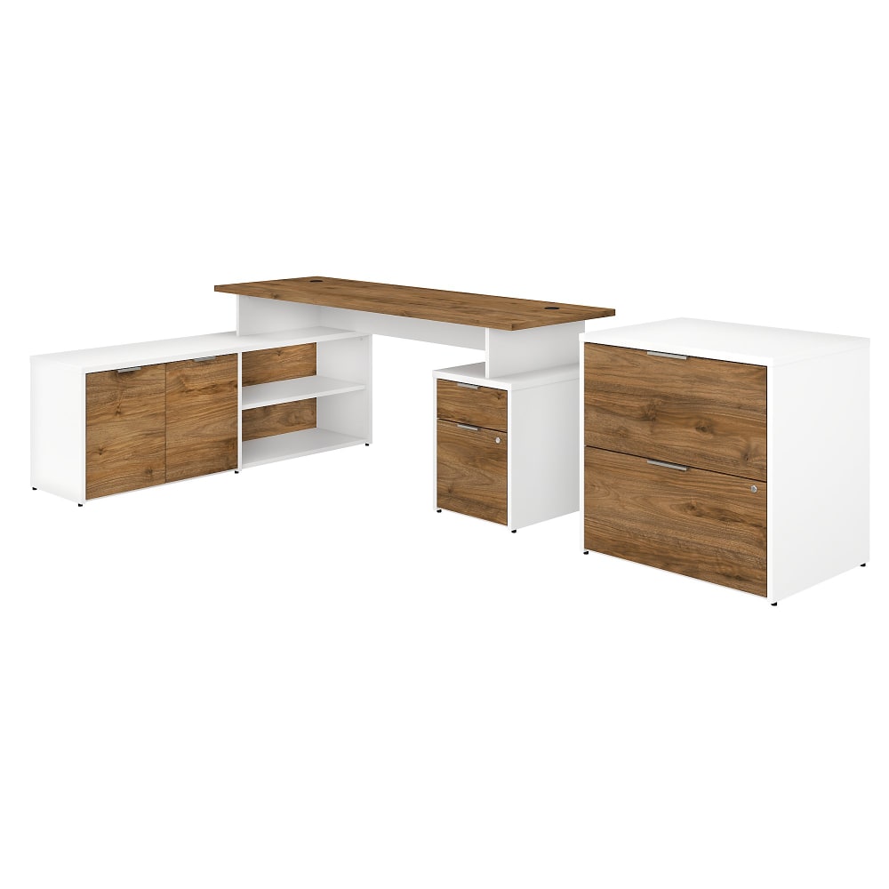 Bush Business Furniture 72inW Jamestown L-Shaped Corner Desk With Drawers And Lateral File Cabinet, Fresh Walnut/White, Standard Delivery