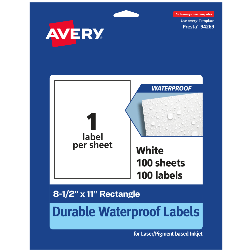 Avery Waterproof Permanent Labels, 94269-WMF100, Rectangle, 8-1/2in x 11in, White, Pack Of 100