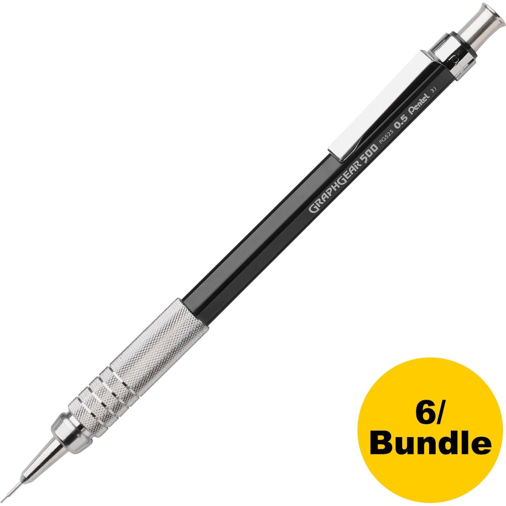 Pentel GraphGear 500 Mechanical Pencils, HB Lead, Fine Point, 0.5 mm, Black Barrel, Pack Of 6