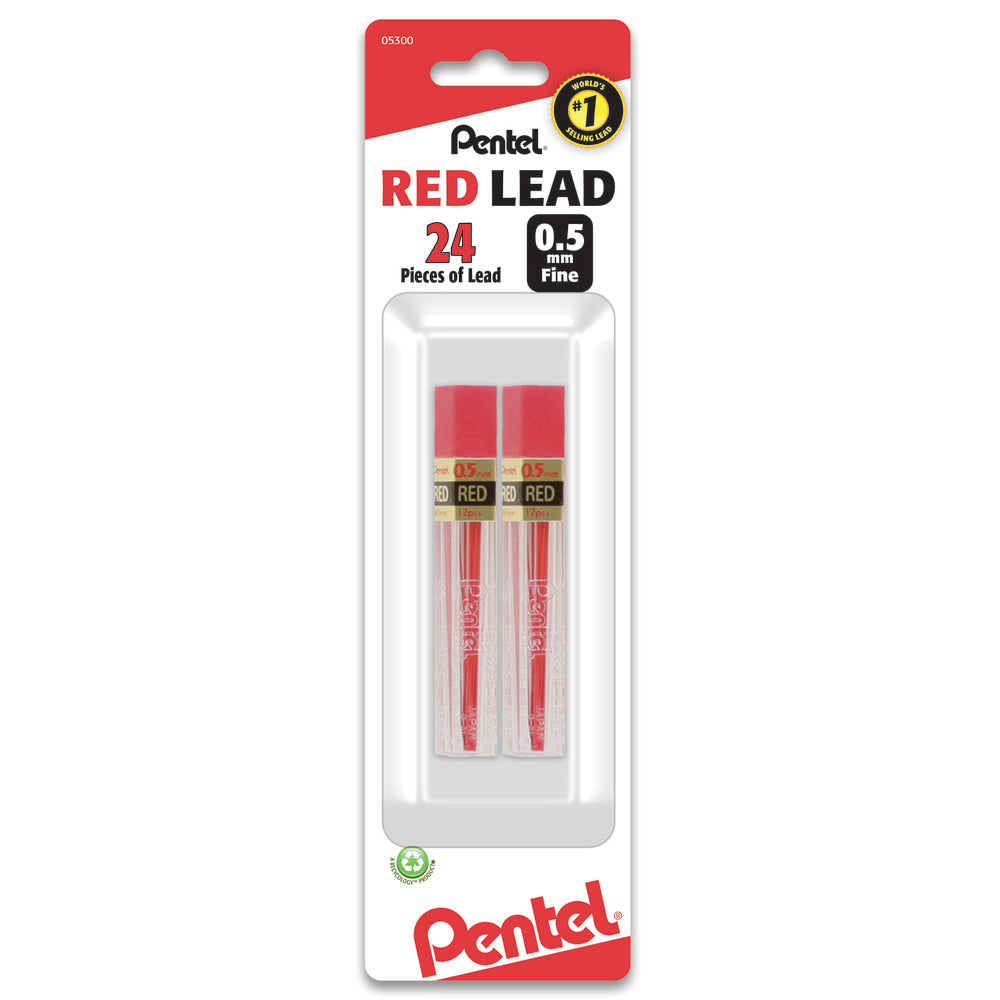 Pentel Red Lead Refills, 0.5 mm, #2.5 Medium Soft Lead, Pack Of 2 Tubes