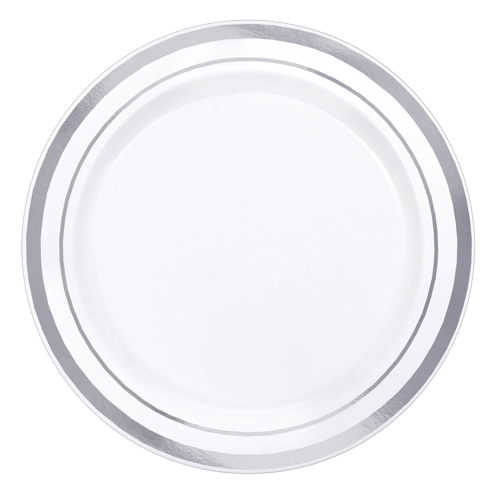 Amscan Trimmed Premium Plastic Plates, 6-1/4in, White/Silver, Pack Of 40 Plates