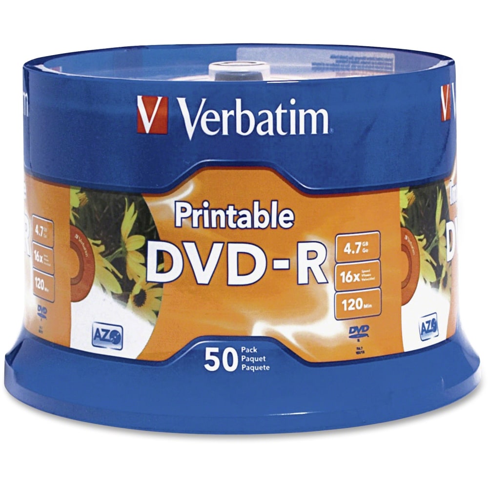 Verbatim K44547 White Inkjet-Printable DVD-R Discs, Spindle Of 50