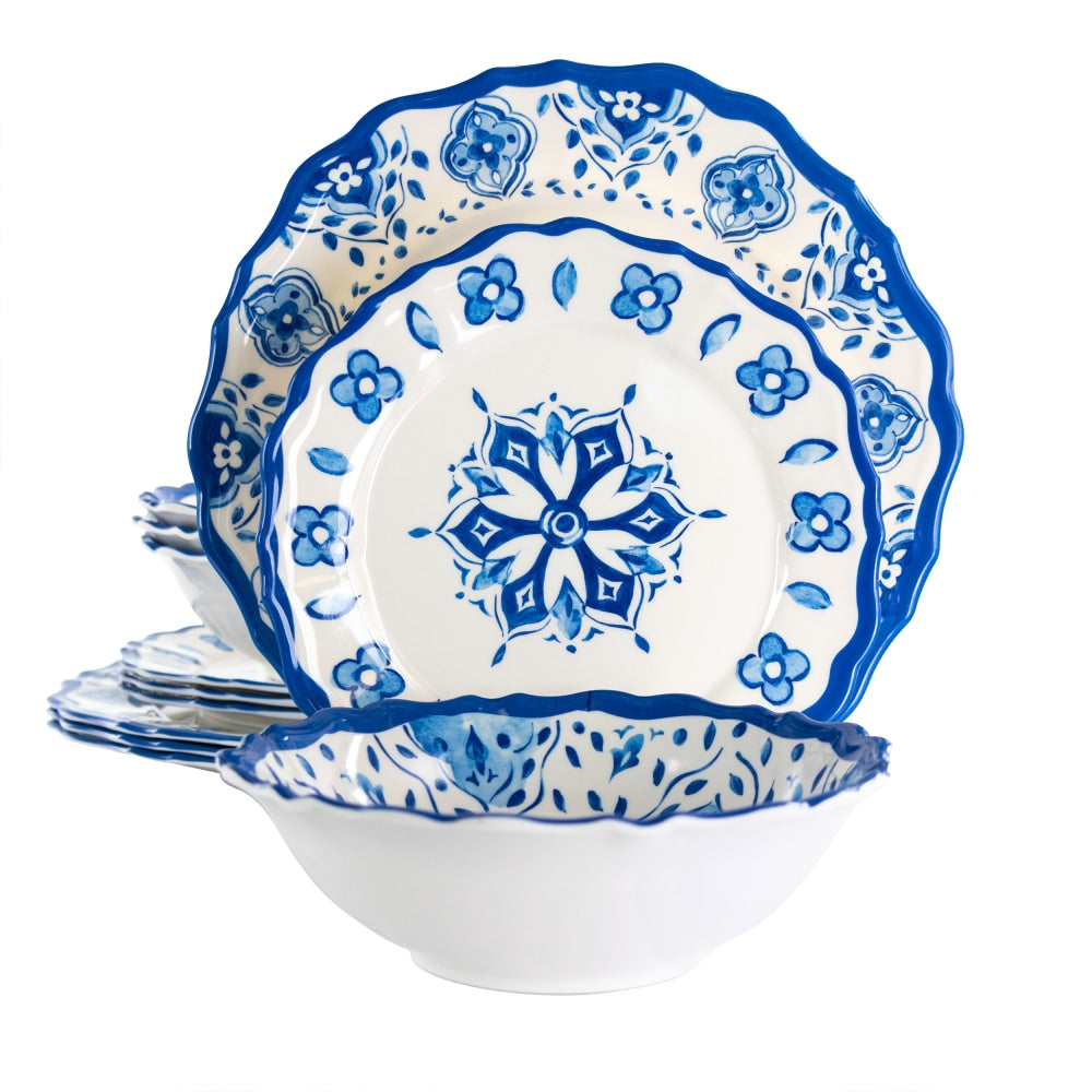 Elama Blue Garden 12-Piece Scalloped Dinnerware Set, Blue