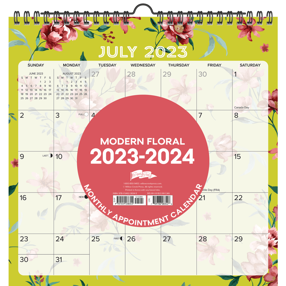 2023-2024 Willow Creek Press Monthly At A Glance Spiral Wall Art Calendar, 12in x 12in, Modern Floral, July 2023 To June 2024