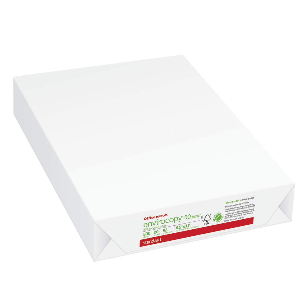 Office Depot EnviroCopy Copy Paper, White, Letter (8.5in x 11in), 500 Sheets Per Ream, 20 Lb, 92 Brightness, 50% Recycled, FSC Certified