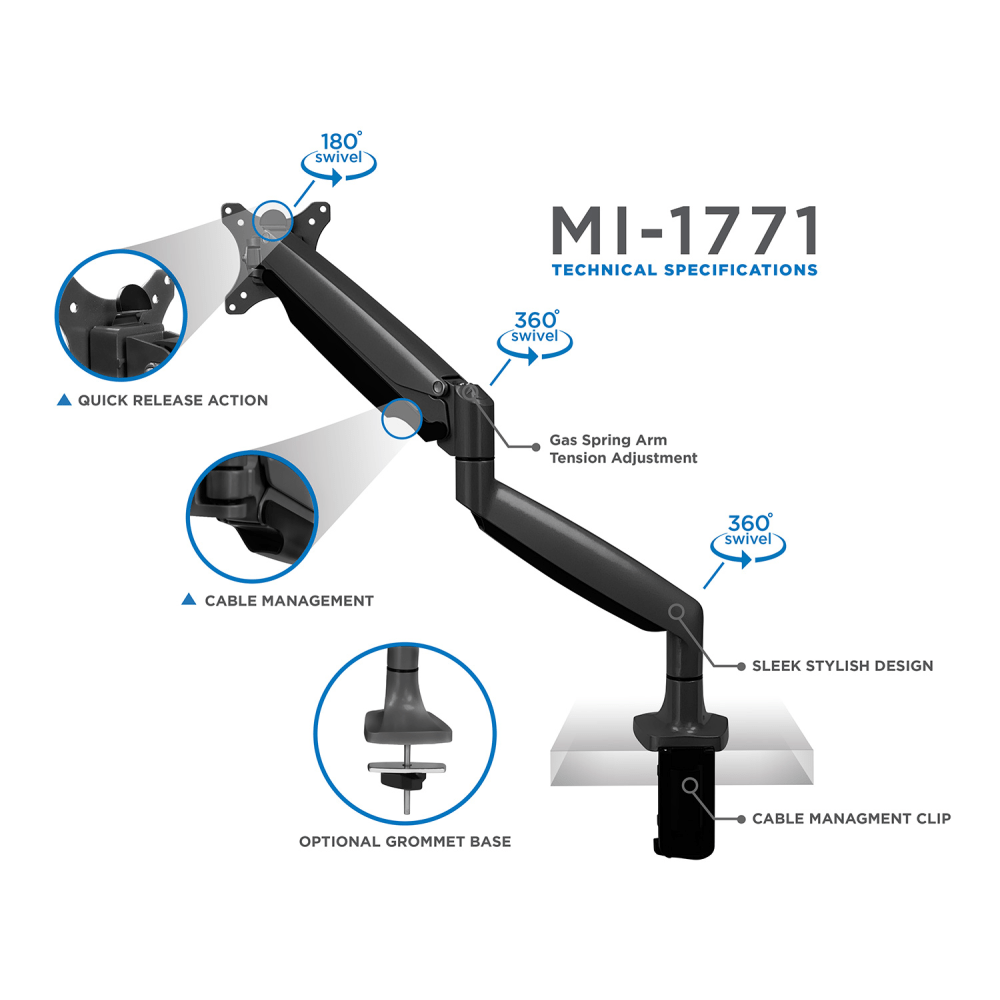 Mount-It! MI-1771B Single Monitor Desk Arm Mount, 19inH x 12inW x 4inD, Black